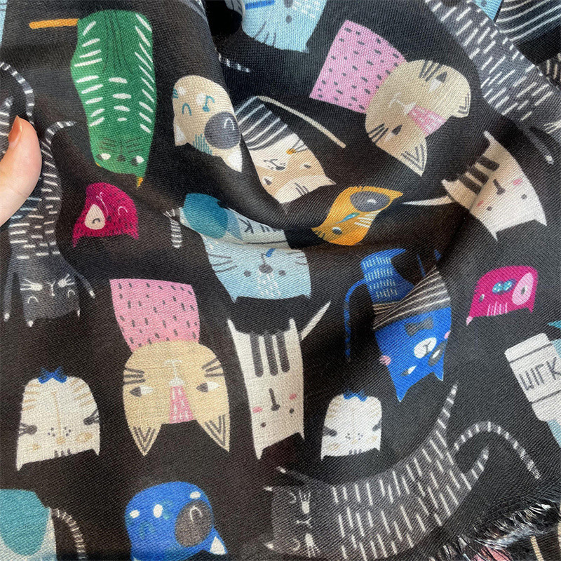 Spain Luxury Brand Fringe Viscose Scarf For Women Cartoon Cat Pattern Shawls And Wraps Pashmina