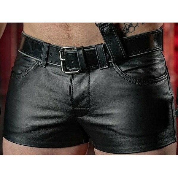 Mens Leather Shorts Summer Shorts(No Belt) Men's Black Shorts Black PU leather men's motorcycle