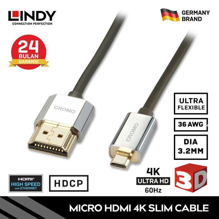 Kabel HDMI LINDY Ultra Slim 2.0 Micro HDMI to HDMI 4K 60Hz Cromo - 1M
