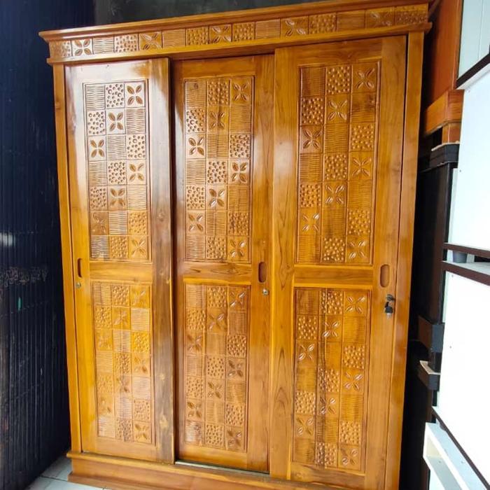 Lemari Sliding Kayu Jati Asli Jepara 3 Pintu Knockdown