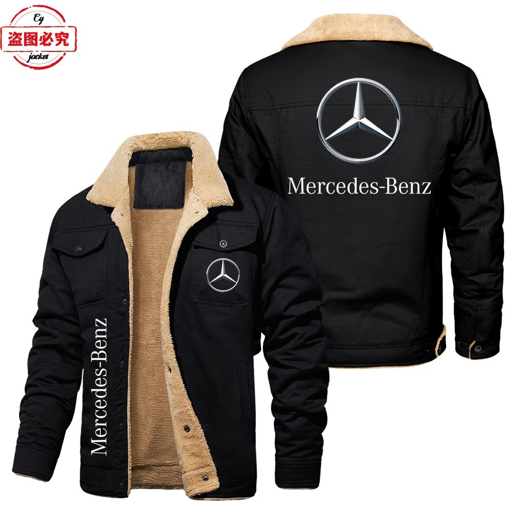 Mercedes Benz Logo Printed Jacket with Plush Insulation, Men's Stand Up Collar Zipper Jacket, Work