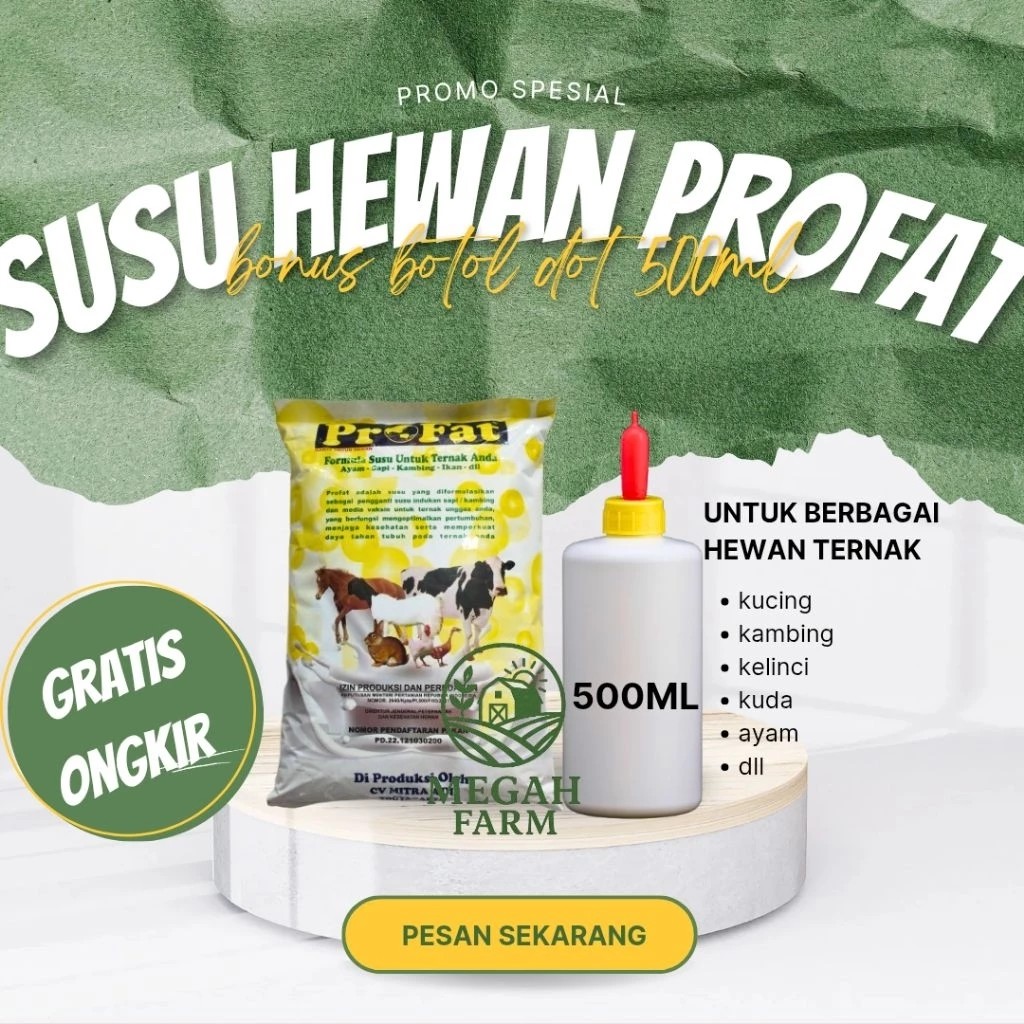 Susu hewan PROFAT 1 Kg plus botol dan dot - Susu Ternak Penganti Induk Milk Replacer Sapi Ayam Ikan 