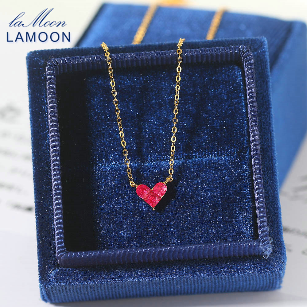 LAMOON 925 Silver Choker Necklace Cute Sweety Heart Synthetic Corundum Pendant For Women 14K Gold