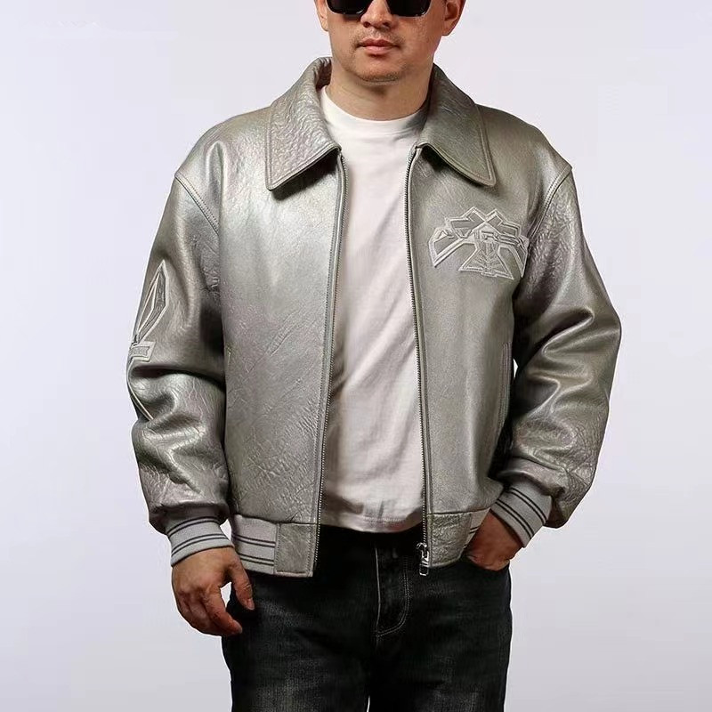 Men'S Italy Lamb Sheep Leather Jacket Large Size Twin Dragons Vintage