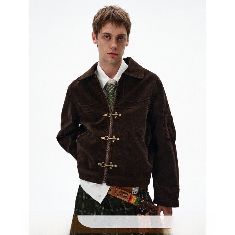 Vintage Suede Jacket Short Style Men's Women's Patchwork Aircraft Buckle Casual Loose Fit Long