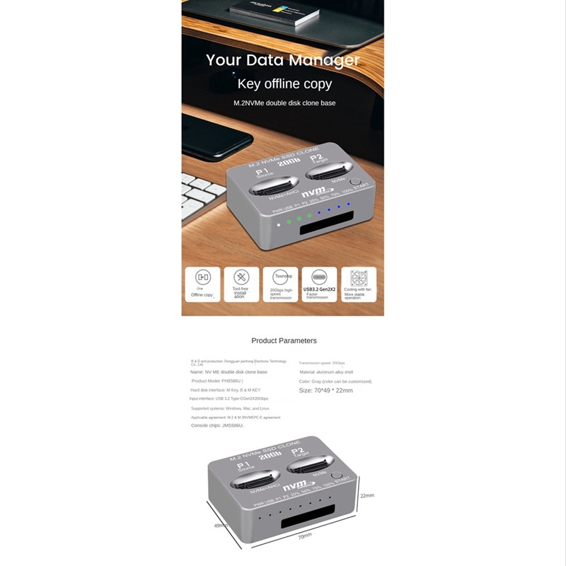 - M.2 Nvme Ssd Clone Dual-Bay Nvme Docking Station Usb3.2 Gen2 Type C