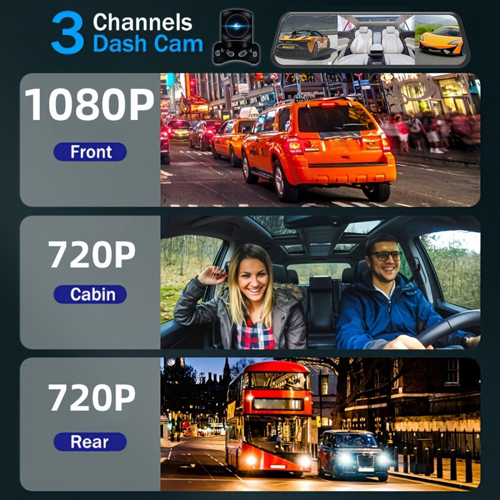 9.66In Mirror Dash Cam 4K Rear View Mirror Camera 9.66In Streaming Media Dash Cam Front Rear Loop