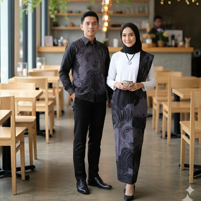 (COD) GALERI BATIK ARDEV - COUPLE SARIMBIT ROK & KEMEJA SLIM FIT WARNA ABU-ABU BAHAN KATUN MOTIF