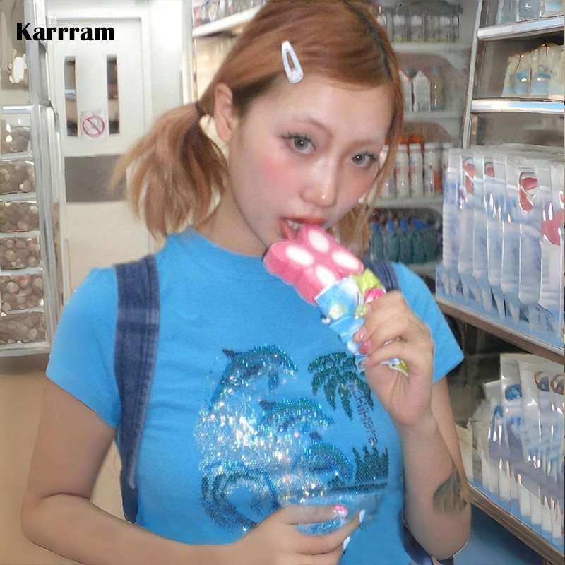 Karrram Japanese Y2K Rhinestones T-Shirt Vintage Harajuku Diamond Print T Shirts Trashy 2000S