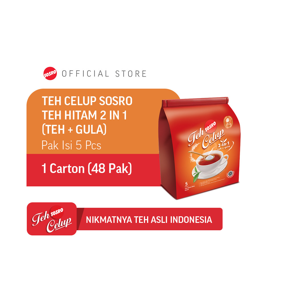 Teh Celup Sosro 2in1-  Pack isi 5 | Teh Hitam 2in1 (Teh + Gula) | Teh Celup | Carton isi 48 Pack