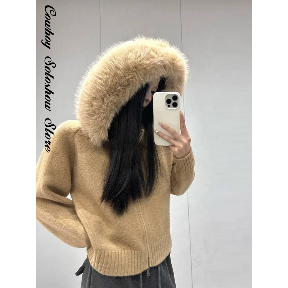 Street Knitted Fur Women's Cardigan Loose Zipper Long Sleeved Hooded Solid Knitwear Female 2025