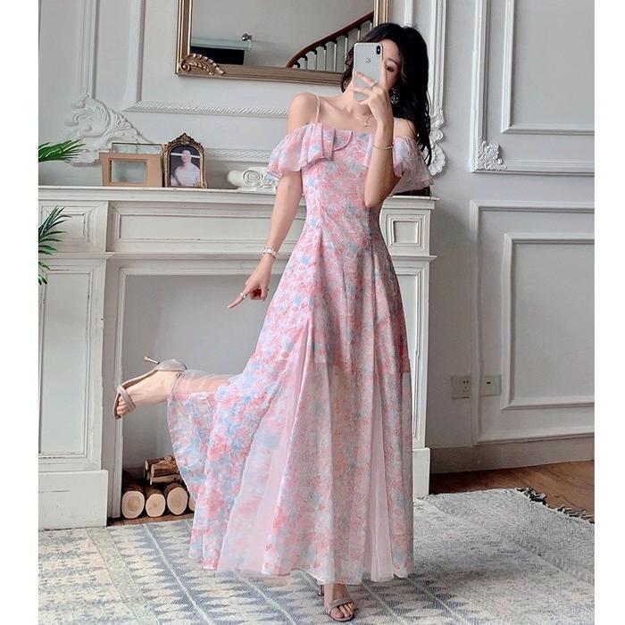 1211 FLORAL DRESS BIRU MUDA PRINCESS ELEGANT KOREAN STYLE PAS BODY PANTAI FORMAL MIDI DRESS TERBARU