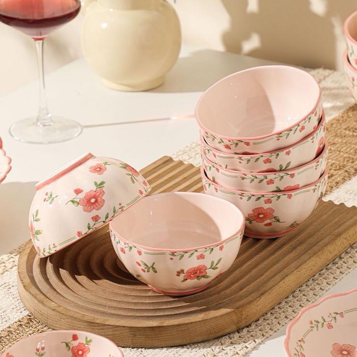 les Piring Keramik BLOOM Piring Mangkok Besar Peralatan Makan Keramik Mewah Motif Bunga warna pink