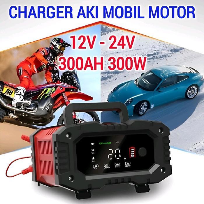 Charger Aki Otomatis 12V 24V 300AH 300W Cas Aki Mobil Motor - Foxsur FPT-200