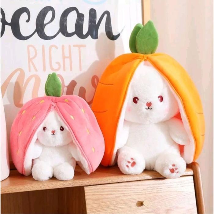 897p- Boneka Kelinci Strawberry Wortel Mainan Flip Lucu Mewah Telinga Panjang Buah Bunny