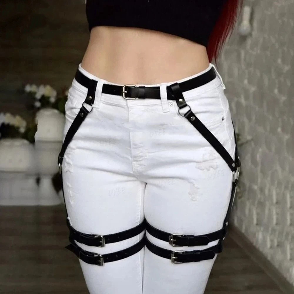 Punk PU Leather Harness Waist Belt Punk Strap Buckle Hollow Belt for Pants Waistband Gothic Body