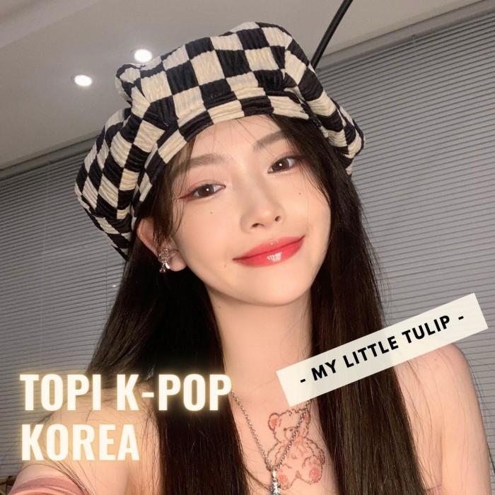 Topi Baret Artis Korea Motif Kotak2 Topi Size Besar Topi OOTD Hijab