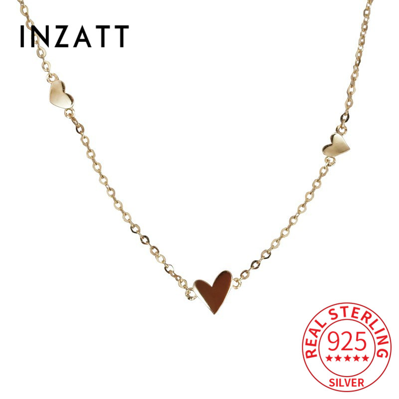 INZATT Real 925 Sterling Silver Heart Choker 14K Gold Necklace For Fashion Women Party Minimalist