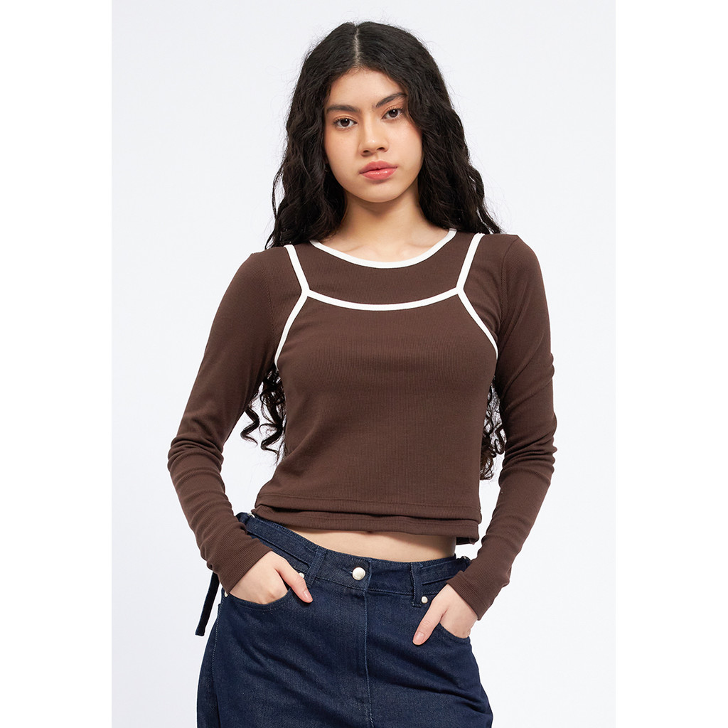 COLORBOX Double Layer Long Sleeve Top Dark Brown