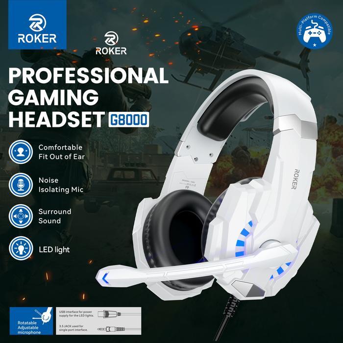 Roker G8000 Gaming Headset Led Rgb Noise Cancelling Mic, Surround Sound, Headphone Gaming Pc Ps4 Hp