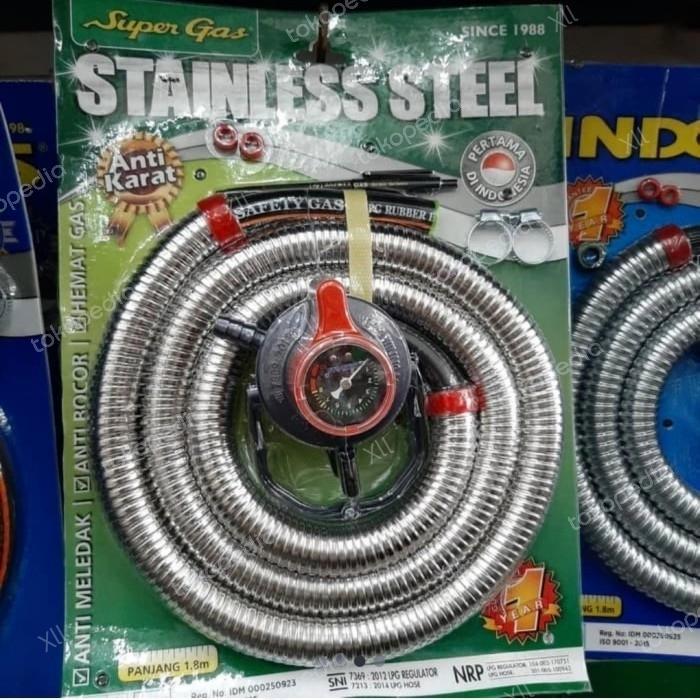 SUPER GAS Paket Regulator Meter + Selang Gas LPG 1,8 M Stainless Steel