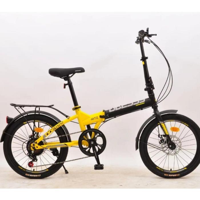 Sepeda lipat 20 inc odessy rem cakram discbrake 7speed velg alloy SNI - HITAM KUNING, 16 INCH