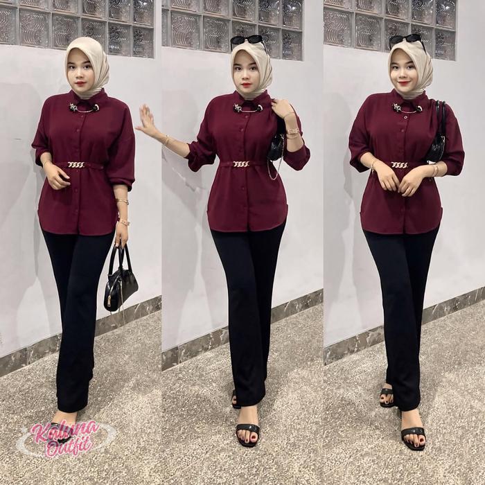 Outfit Wanita Kekinian ( Jilbab Bella Square, Blouse Kerah Maroon Crinkle , Celana Scuba Cutbray
