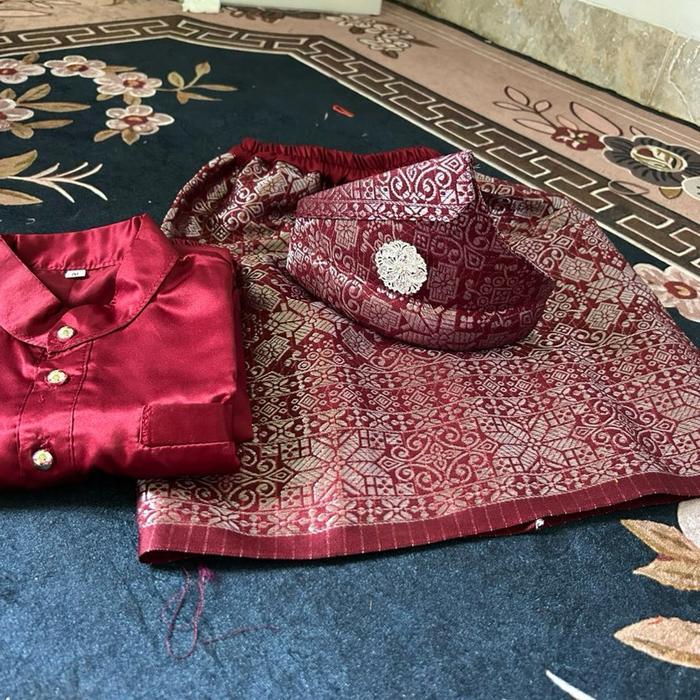 NEW Setelan baju anak dan kain songket + tanjak melayu free bros Celana Muslim