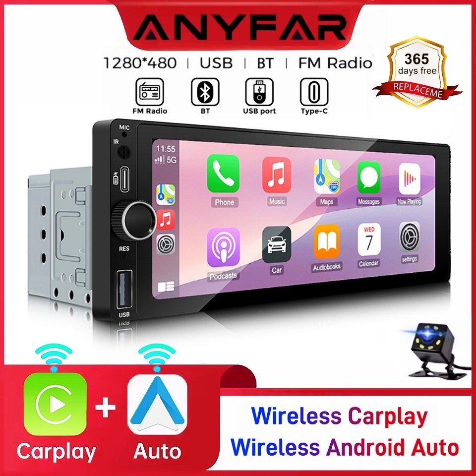 ANYFAR 6.86 1280*480 1 Din MP5 Player Car Radio Wireless Carplay Android Auto Multimedia Player 1Din