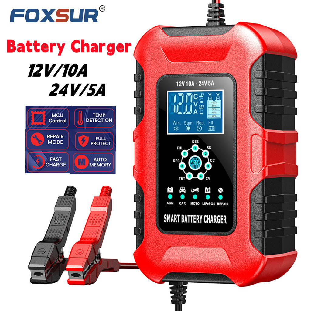 FOXSUR Car Battery Chargers 12V/10A 24V/5A Full Automatic AGM Wet Smart Battery Chargers Maintainer