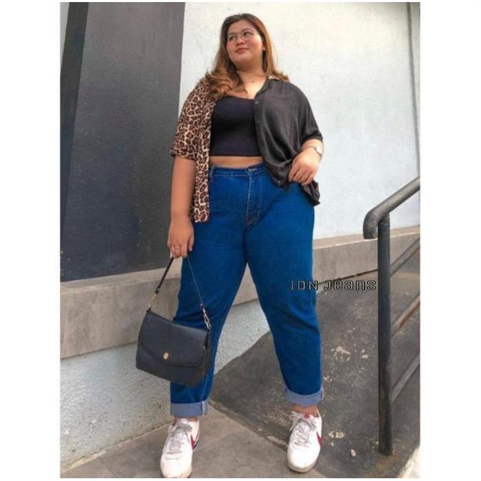 IDN Jeans - Boyfriends Jumbo Lipat Celana Jeans Wanita Super Jumbo Highwaist Panjang Melar Tebal