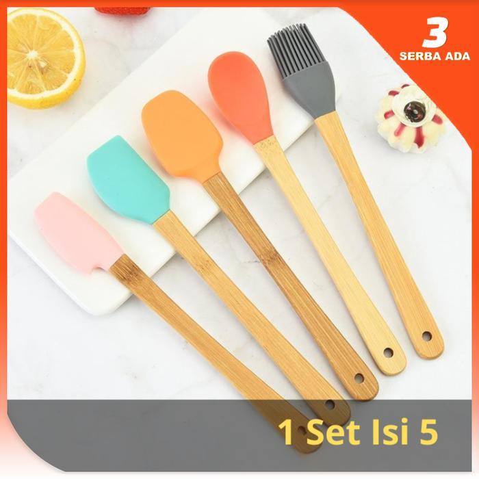 Spatula Set 5 in 1 Mini Gagang Kayu / Spatula Silikon Tahan Panas / Spatula Set Silikon Tahan Panas