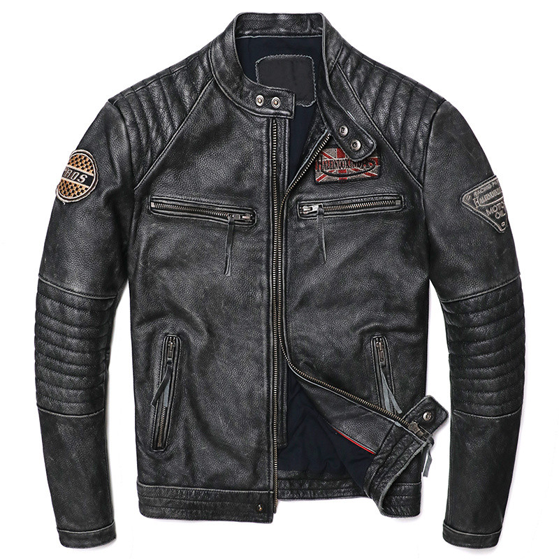 . Vintage Grey Motorcycle Genuine Leather Jacket Men'S Biker -