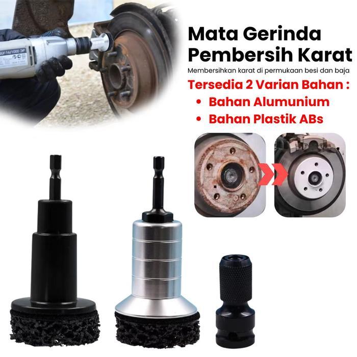 PENGELUPAS KARAT DAN CAT MATA GERINDA DENGAN ADAPTOR BOR UNTUK DUDUKAN AS RODA MOBIL CAKRAM DISC