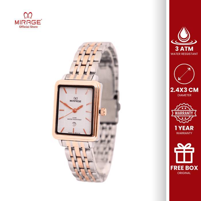 Mirage Watch - Jam Tangan Wanita Silver Rose Gold Original Analog Tanggal Aktif Square Segi Elegant