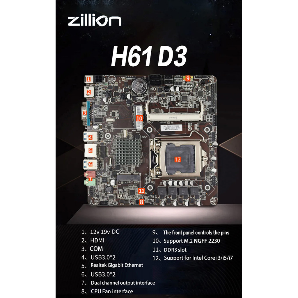 . Zillion H61 Mini Itx Motherboard Lga 1155 Ddr3 Support Intel Core -
