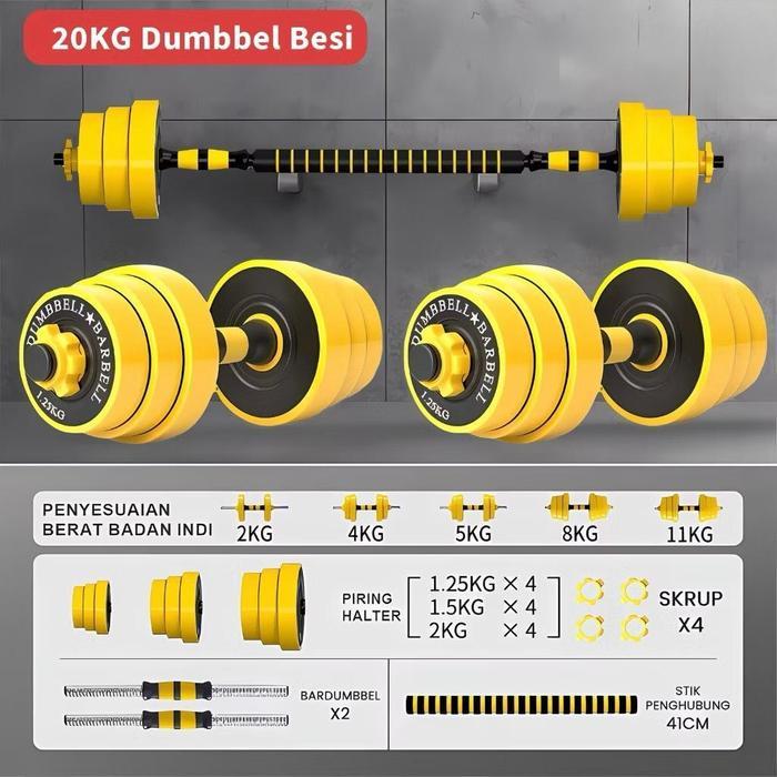 KHUSUS Dumbell Barbel Set 10kg 15kg 20kg 30 kg Dumbbell Barbell Dumbel Barbel Set Besi Rubber 2 in 1