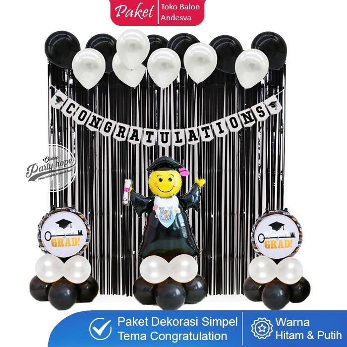 Paket Dekor Congratulations Hitam Putih / set dekorasi wisuda hitam putih / set balon wisuda