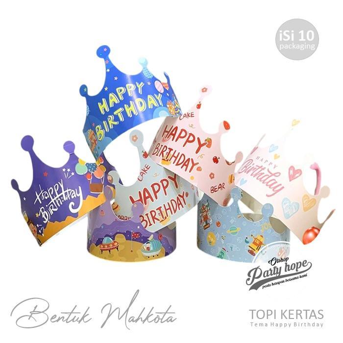 isi 10 Topi HBD Kertas Mahkota / Topi Ulang Tahun Mahkota Kertas / Topi Ultah Mahkota Motif HBD