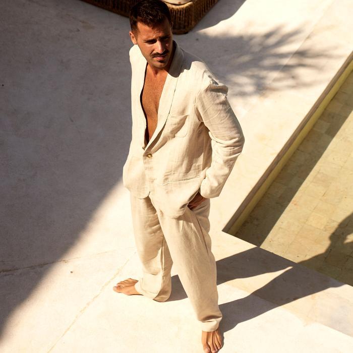 REMEDY Outer Linen Set Pria Panjang Warna Krem - Sand Linen Blazer