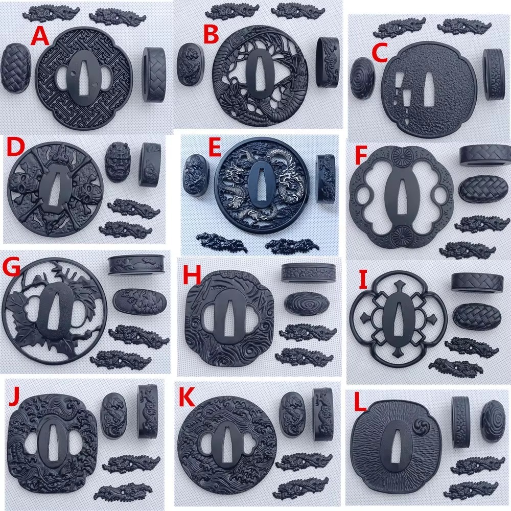 A Set Black Alloy Tsuba FuchI Kashira Fittings For Japanese Samurai Katana Sword Wakizashi Tanto