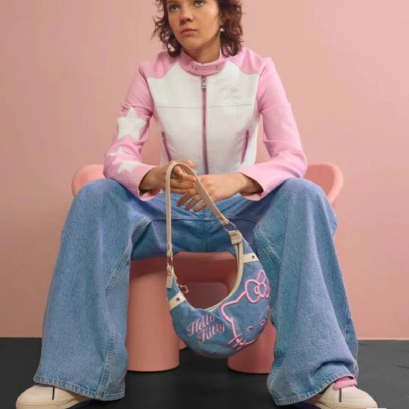 Sanrio Hello Kitty Denim Patchwork Underarm Bag Crossbody Bag Women's Cow Horn Bag Lady Denim Bag