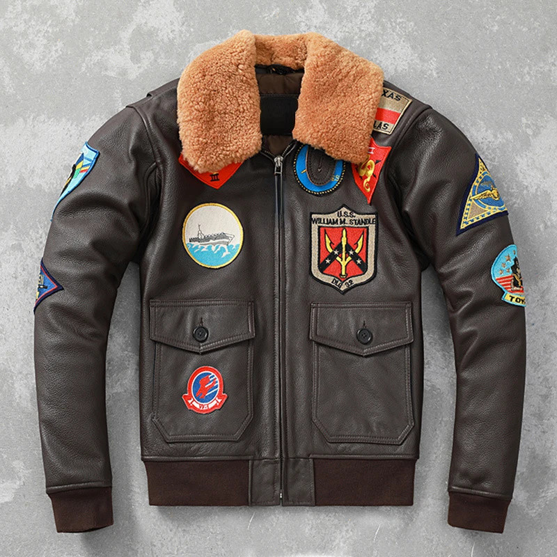 . Embroidery Aviator Bomber G1 Flight Jacket Cowhide Leather Coat Men -