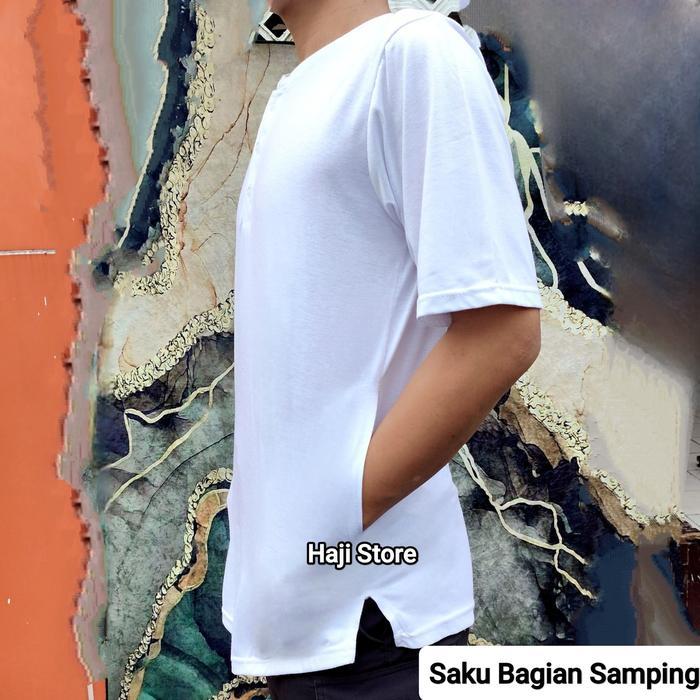 Kaos Pria Haji Dan Umroh Motif Kancing Saku Samping 100% Merk Alif