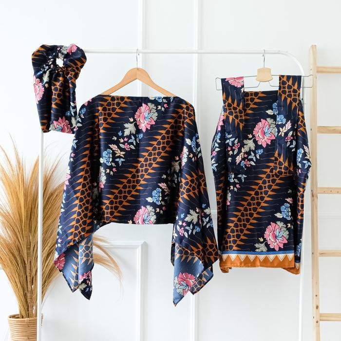 Oneset Kaftan Rok Lilit Atasan Lengan Kalong Kaftan Lebaran Kondangan Batik Modern Setelan Kaftan