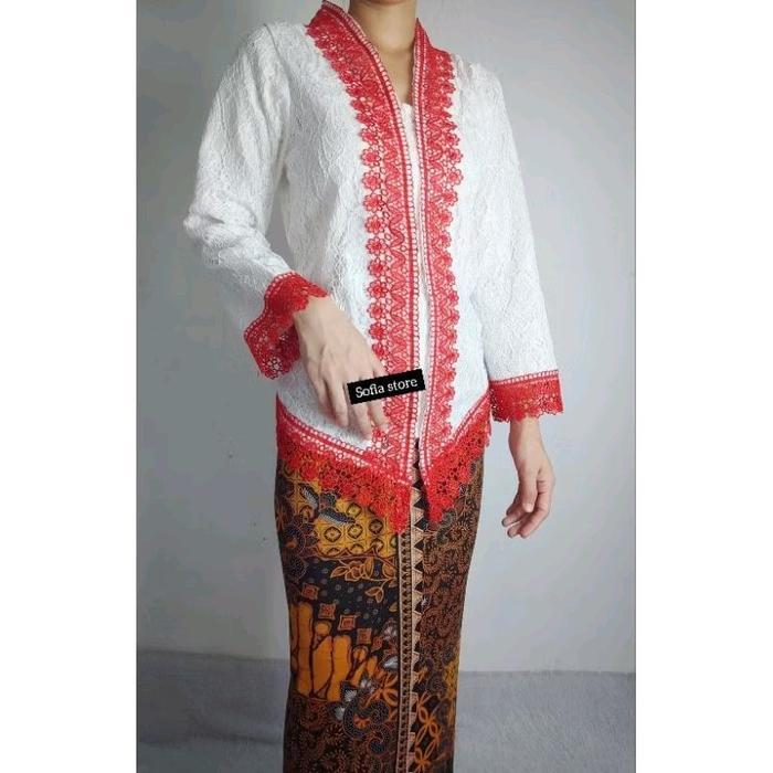 Atasan Kebaya Encim Brokat Lengan Panjang Amelia Warna Merah Putih