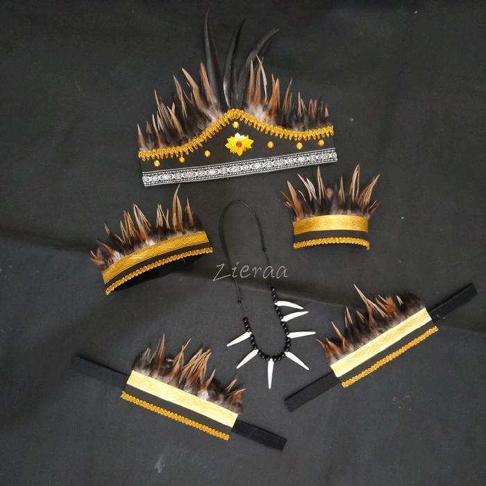Paket Satu Set Kostum Tari Papua Dayak Ikat Kepala Rok Rumbai
