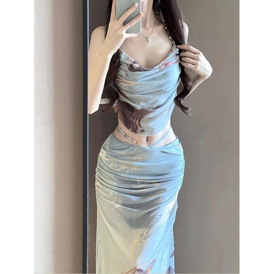 Bikini Swimsuit Beachwear Three Piece Wanita High Waist Motif Abstrak Gaun Outer Biru Panjang