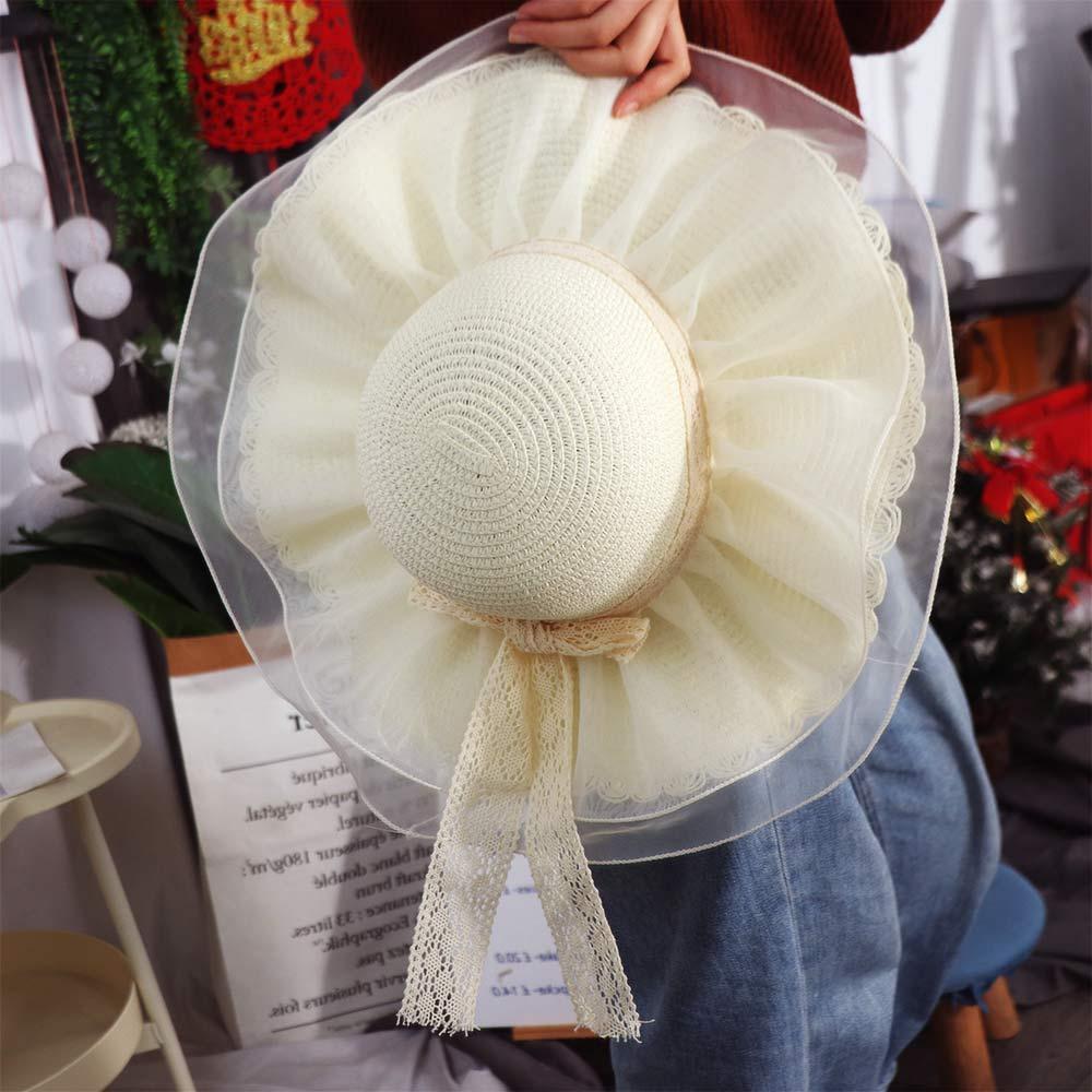 Fashion Spring Summer Women's Straw Hat Lace Bow Big Brim Sun Hat Beach Travel Sun Protection Cap