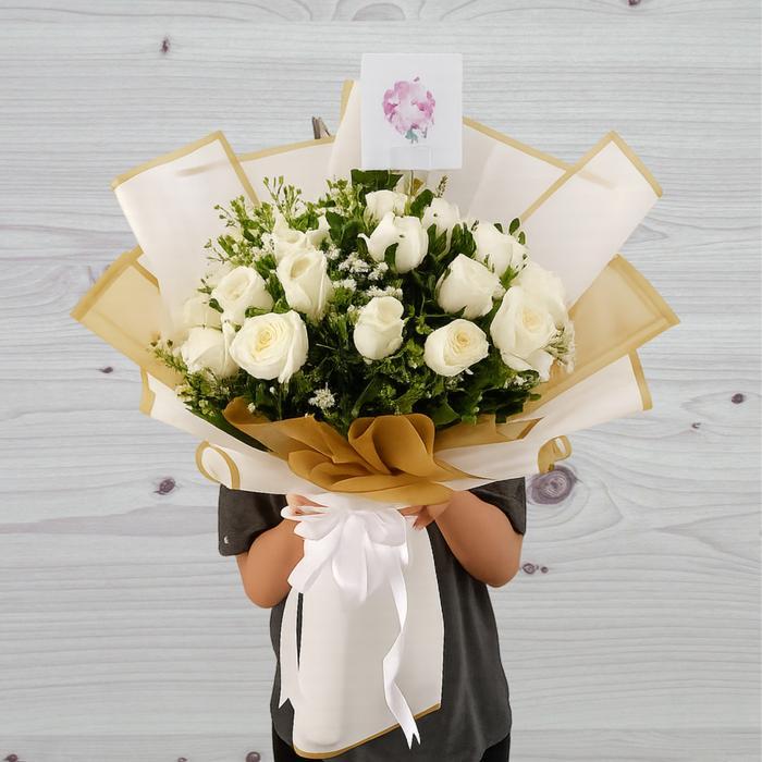 Buket bunga Mawar putih asli kertaskreb putih hadiah ulng tahun fresh flower buket Biru Gold